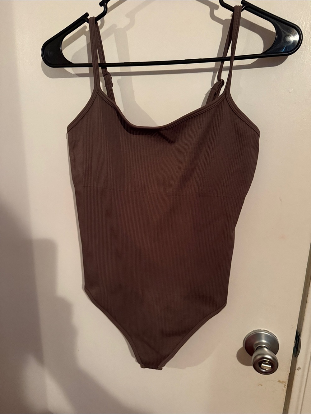 Seamless Ribbed Brown Bodysuit with Adjustable Straps